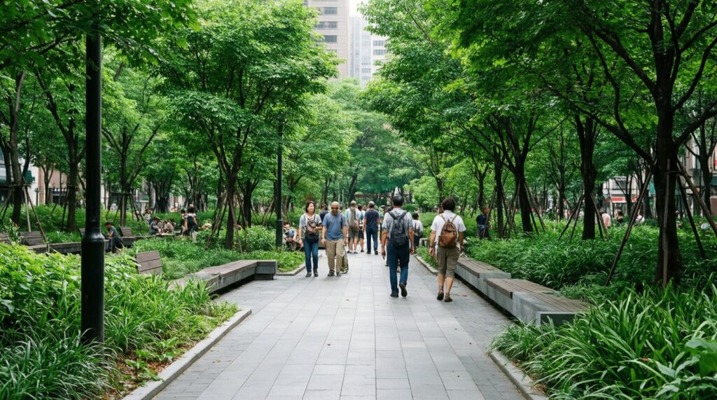Городская среда: благоустройство дворов и парков, освещение, тротуары и общественные пространства - иллюстрация
