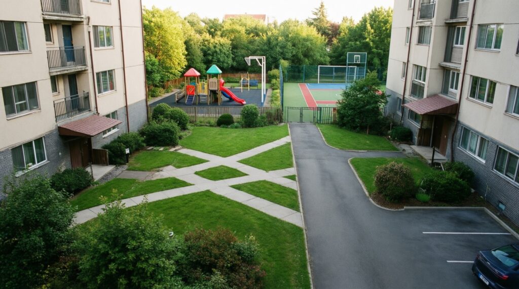 Городская среда: благоустройство дворов и парков, освещение, тротуары и общественные пространства - иллюстрация