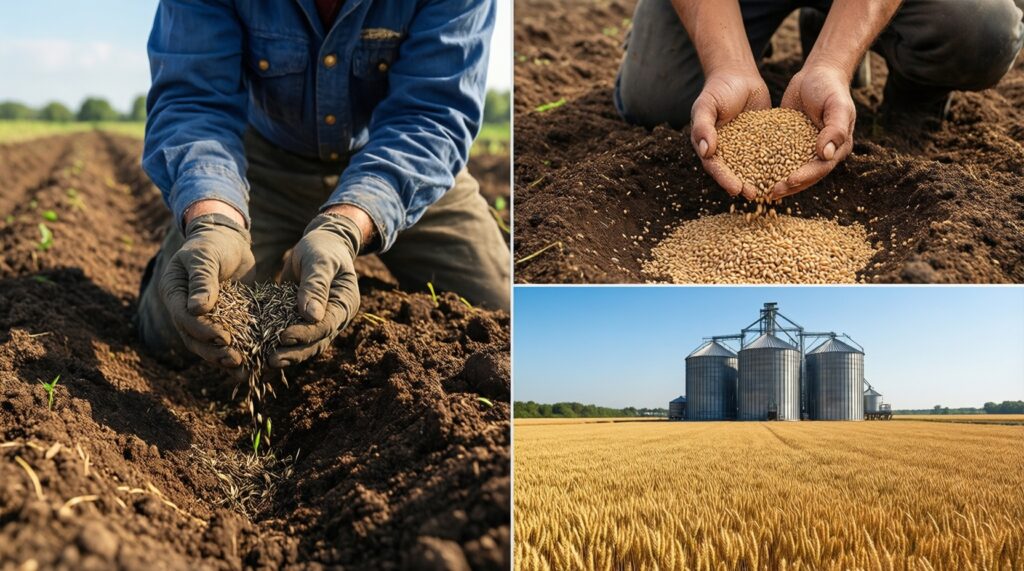 Сельское хозяйство: посевная/уборочная, цены на зерно, поддержка фермеров, состояние полей - иллюстрация